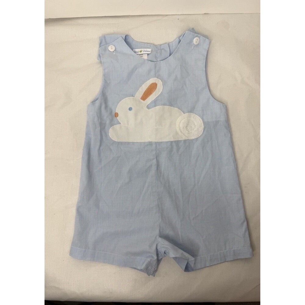 PETIT POMME-18M-Baby Boy-Romper-Applique Bunny Blue Gingham Check Classic